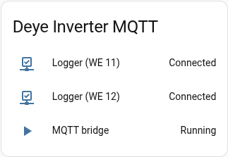 Screenshot of the Home Assistant status card showing both loggers connected
and the bridge running